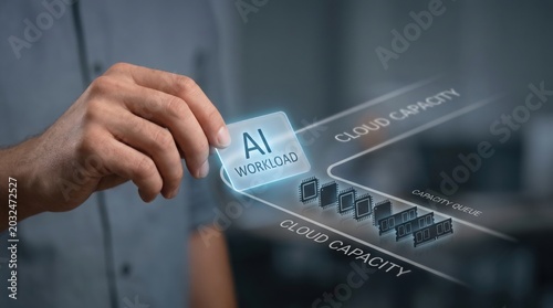 AI Hardware Supply Risk - A hand moves an AI workload to a blocked cloud interface, highlighting chip and memory queues in a minimal, clean technology environment.