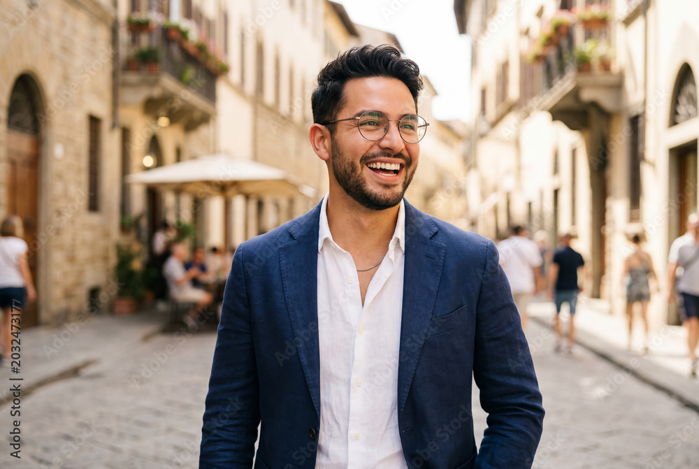 Fototapeta premium Hispanic man in a blazer and glasses laughing while standing on a cobblestone city street