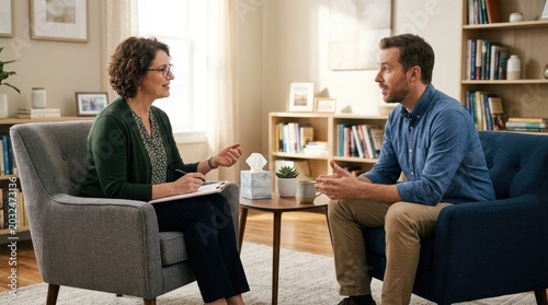 A therapist sits across from a man in a comfortable office setting.