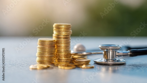 Stacks of Gold Coins and Stethoscope Symbolizing Healthcare Costs and Financial Health.