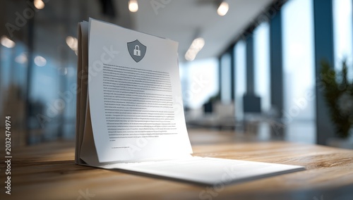 Secure document with a shield and lock symbol on desk