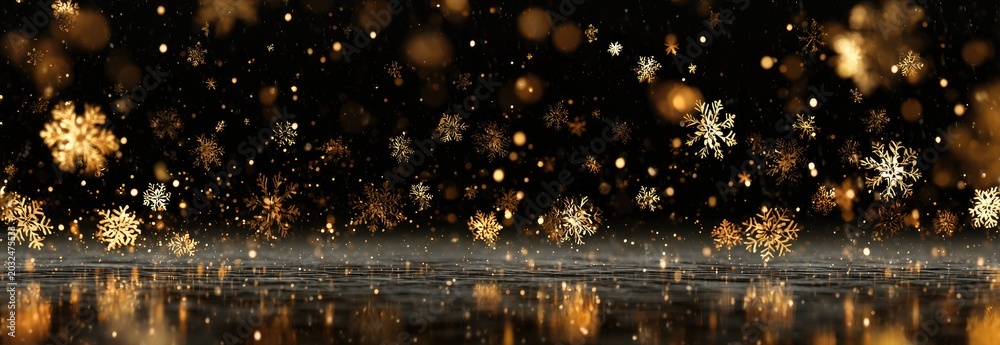 Naklejka premium Golden snowflakes fall against a dark background with a reflective surface