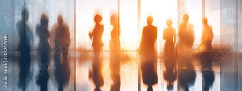 Silhouetted group of professionals in motion near sunlit windows