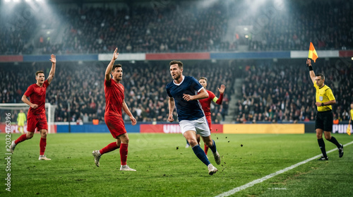 A football player in a blue jersey runs down the grass pitch, unaware he is caught in an offside position.