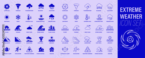 Quadro su tela Extreme weather icon set with hurricane, tornado, flood and climate disaster lin