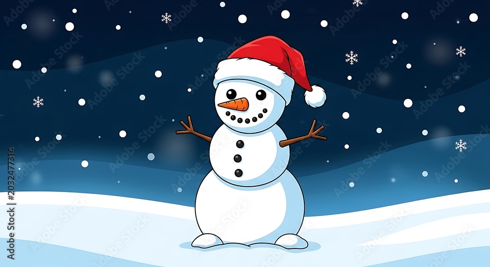 Fototapeta premium Cartoon snowman with red hat in winter scene with falling snow