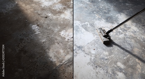 Dirt vs. Clean a side-by-side of a dirty floor being mopped