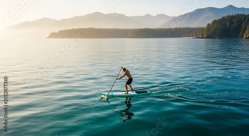Man paddleboarding on a serene lake with mountains in the background at sunset.