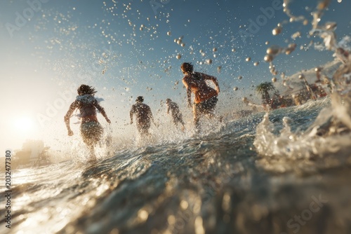 Sunlit group splashes through ocean waves, joyful adventure