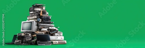 A towering pile of obsolete electronic devices, including computers and televisions