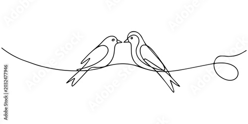 Foto Two Birds Sitting on Tree Branch Continuous One Line Drawing, Continuous one lin