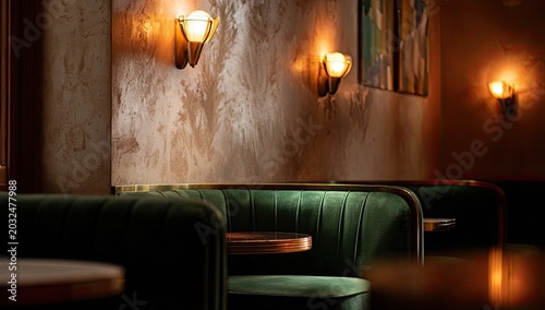 Luxurious velvet booth seating and warm, ambient wall lighting in an elegant interior