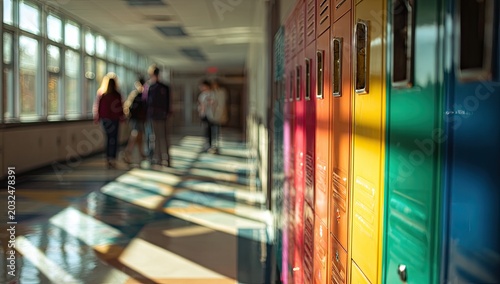 Colorful lockers line a sunlit school hallway with students walking by