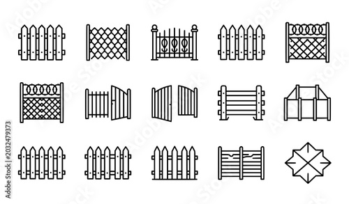 Φωτογραφία Fence line icon collection with garden and security barrier vector symbols