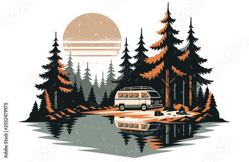 Retro camper van vector illustration parked by a lake in pine forest at sunset