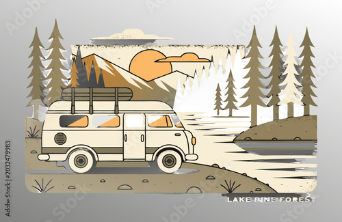  Flat vector illustration of a vintage camper van parked by a serene pine forest lake at sunrise. Retro travel poster style, muted earthy colors with heavy grain texture, nostalgic and adventurous moo