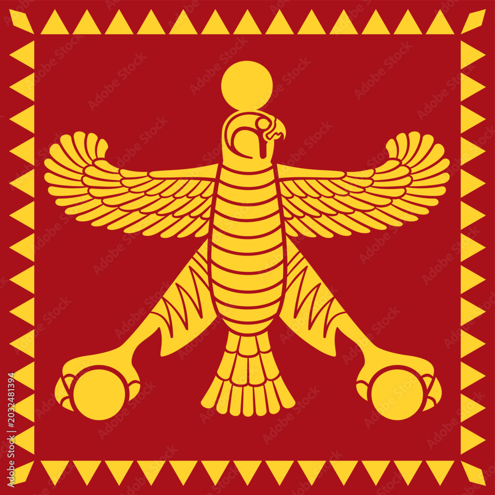 Naklejka premium Persian Empire flag, standard of Cyrus the Great, Achaemenid Empire founder, featuring Shahbaz, a fabled bird with spread wings and falcon head, in Persian mythology a god who is guiding the Iranians.