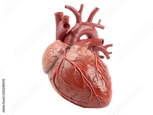 Detailed anatomical illustration of a human heart with major blood vessels highlighted transparent background