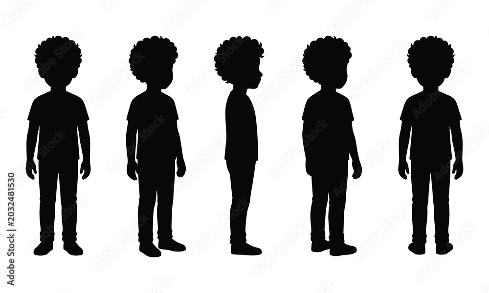 Fototapeta premium Full-body silhouettes of a young boy with afro hair in various standing poses, including front, side, and three-quarter views, on a clean white background.