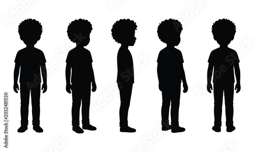 Full-body silhouettes of a young boy with afro hair in various standing poses, including front, side, and three-quarter views, on a clean white background.