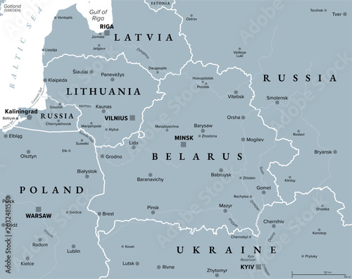 Belarus and vicinity, gray political map. Country in Eastern Europe, with capital Minsk, bordered by Russia, Ukraine, Poland, Lithuania, and Latvia. With Suwalki Gap, the shortest path to Kaliningrad.