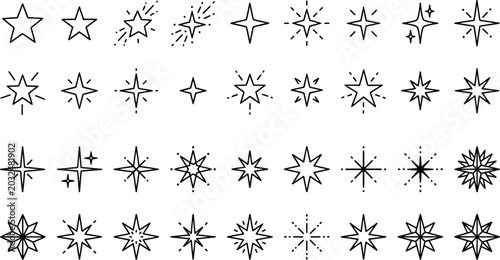Fotografie Collection of thirty six black and white star featuring various geometric shapes
