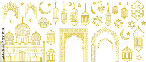 Fotografie Set of golden islamic featuring a mosque with three domes hanging lanterns cresc