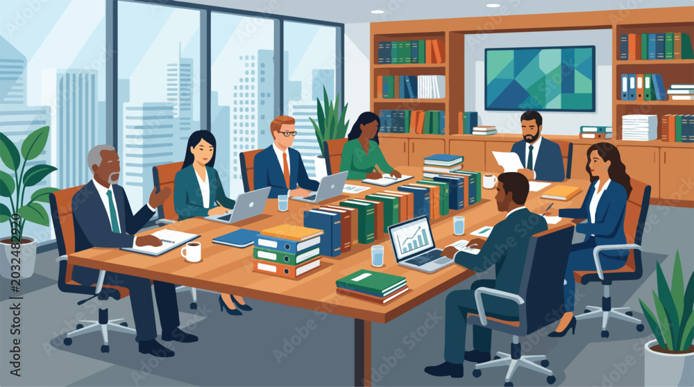 Fototapeta premium Business meeting in a modern boardroom with diverse professionals collaborating around a large table filled with documents and technology