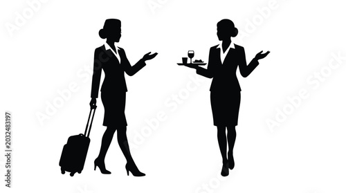 Bild auf Leinwand Flight attendant silhouettes with luggage and service tray black on white