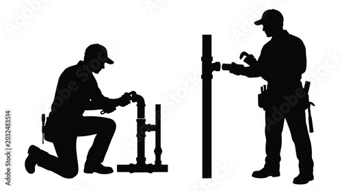 Εκτύπωση καμβά Plumbers Silhouette Against White Background Two Workers With Tools