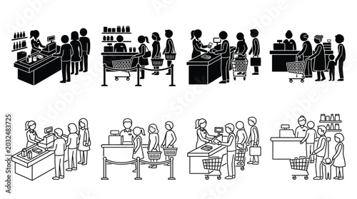 Checkout Counter Scenes With Customers Line Art Illustration