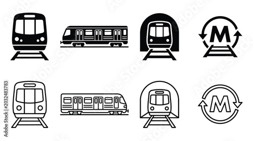 Bild auf Leinwand Train And Subway Car Line Icons With Circular Transportation Symbol