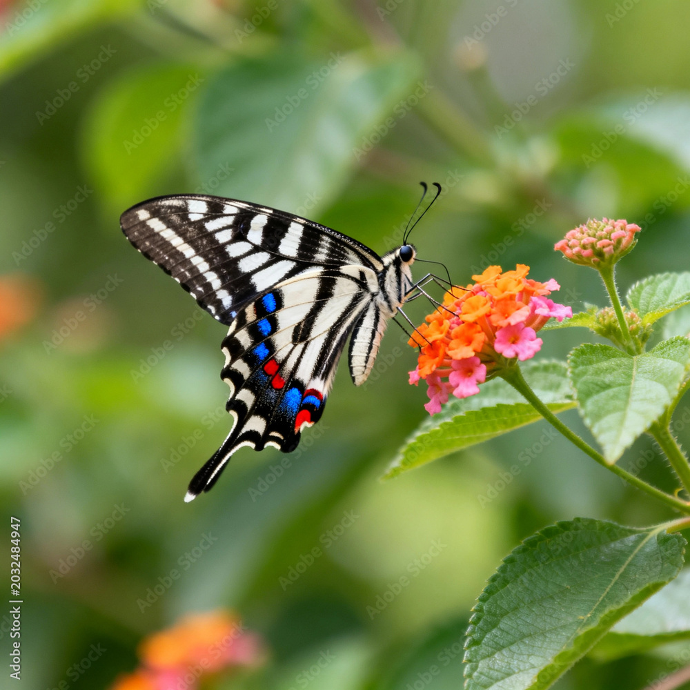 Fototapeta premium Zebra‑Striped Swallowtail Butterfly on Lantana Flower Thread‑Embroidery Art