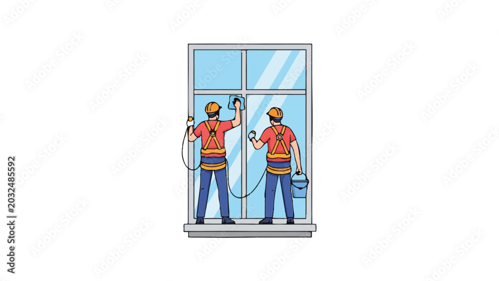 Fototapeta premium Professional Window Cleaners with Safety Harnesses - Commercial Maintenance and Glass Cleaning Service Vector Illustration