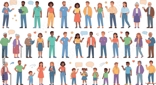  Diverse People Character Vector Set with Doctors, Seniors, Families and Kids for Community Healthcare and Inclusive Society Design Illustration