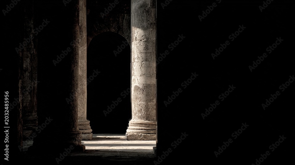 Fototapeta premium chiaroscuro. Stone pillars framing doorway, feminine silhouette in light and shadow, ancient architecture. real-estate listings.