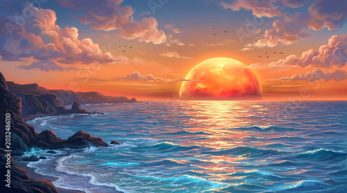 Vibrant digital painting of a massive glowing sun setting over a restless ocean with crashing waves against a rocky coastline under a dramatic cloudy sky at sunset or sunrise