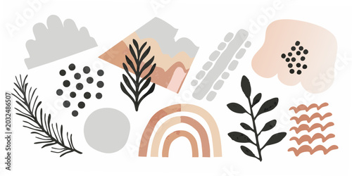 abstract botanical shapes and rainbow illustration on white background