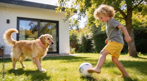Happy child playing soccer with dog in sunny backyard