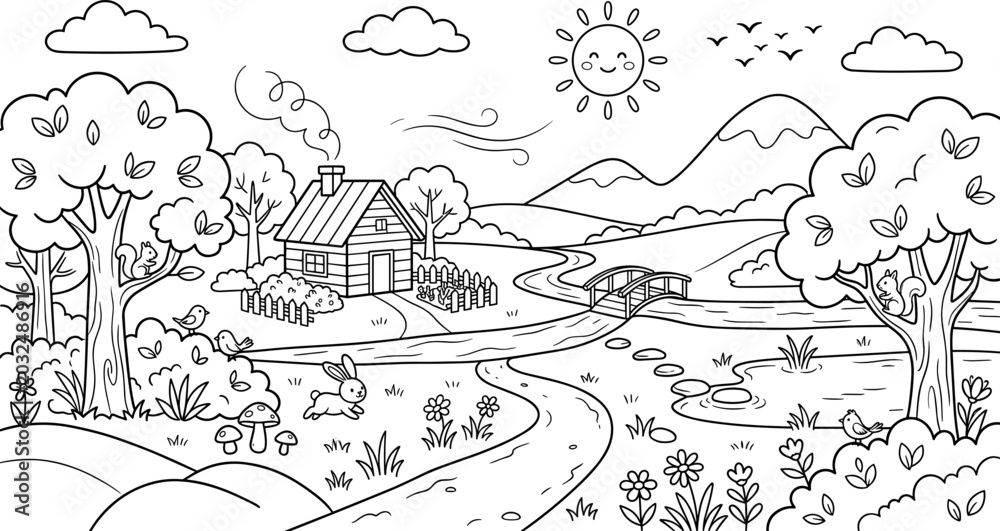 Fototapeta premium Countryside Landscape Coloring Page with Cute Cabin, River Bridge, Trees and Animals for Kids Nature Spring Activity Book Illustration