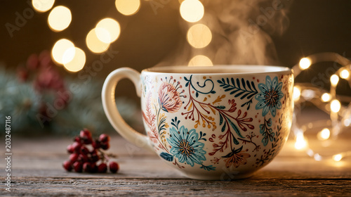 A steaming floral mug on a wooden table with festive lights