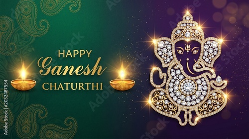 Happy ganesh chaturthi with golden text and a diamond ganesh figure on a green and purple background