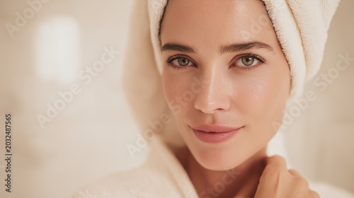 Serene Beauty After Bath: A radiant woman with a towel wrapped around her head and a fluffy bathrobe smiles gently, exuding a sense of calm and relaxation after a refreshing bath.