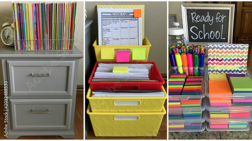 A well-organized workspace with school supplies and colorful storage bins