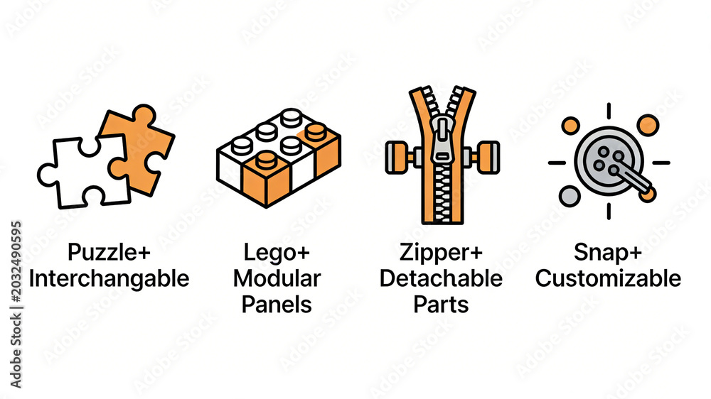 Naklejka premium Puzzles, building blocks, zippers, and button icons represent modular and customizable features, suitable for DIY clothing and detachable clothing products. 