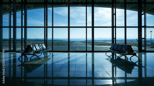 A dimly lit airport terminal with empty chairs and large windows