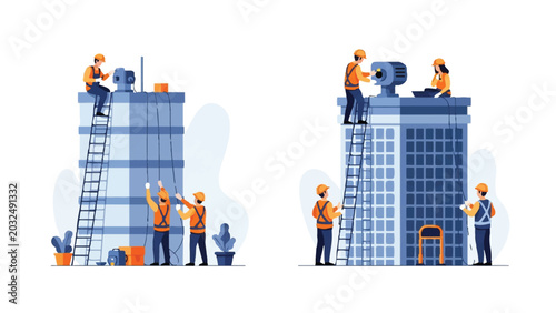 Professional Construction Workers Maintaining and Installing Equipment on High-Rise Building Rooftops, Flat Vector Illustration of Industrial Maintenance Team