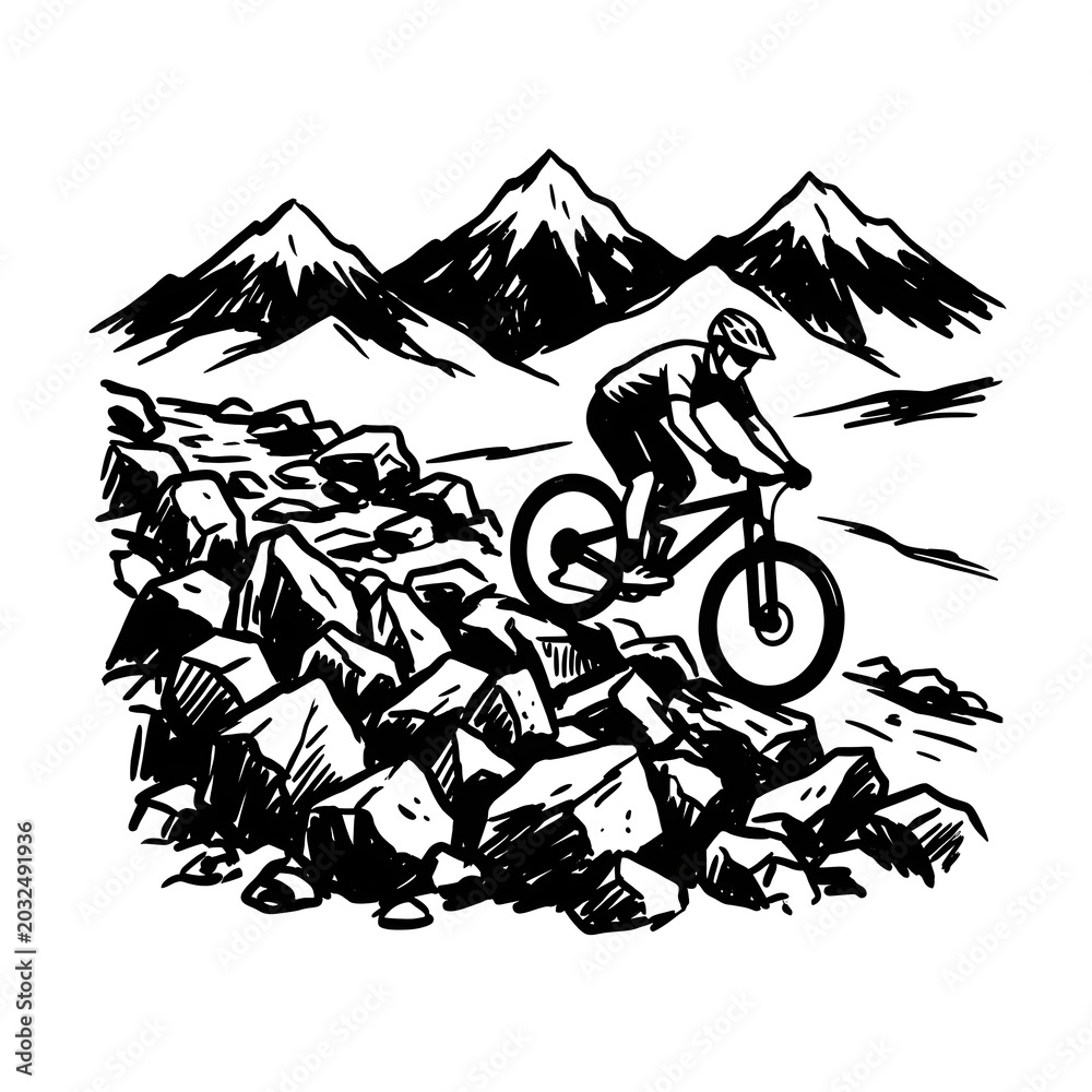 Fototapeta premium Dynamic black and white silhouette icon of a mountain biker navigating a challenging rock garden section, representing technical skill, rugged terrain, and extreme mountain biking.
