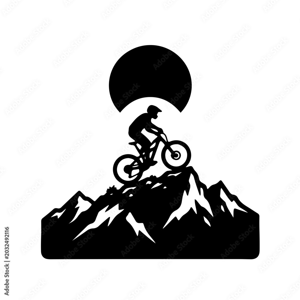 Fototapeta premium Minimalist black and white silhouette icon of a mountain biker standing at the peak, representing adventure, outdoor exploration, and extreme sports 
