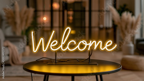 A warm and inviting living room with a neon welcome sign